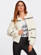 Romwe Chevron Tape Detail Textured Faux Fur Coat