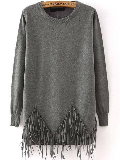 Romwe Round Neck Tassel Grey Sweater