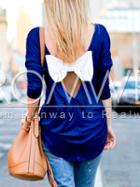 Romwe Blue Long Sleeve Contrast Bow T-shirt
