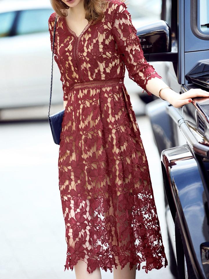 Romwe Red V Neck Leaf Crochet Hollow Dress