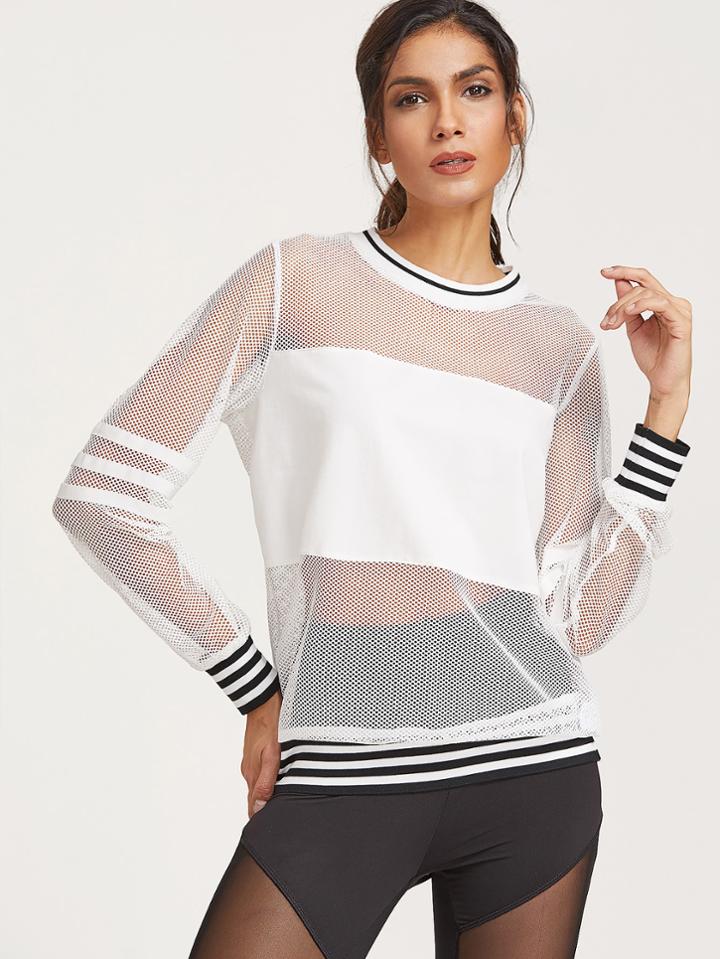 Romwe White Striped Trim Fishnet Sweatshirt