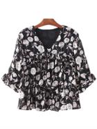 Romwe Black V Neck Ruffle Flowers Printed Blouse