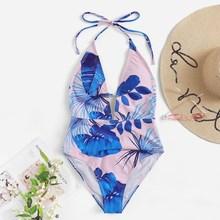 Romwe Random Leaf Print Backless Halter One Piece Swim