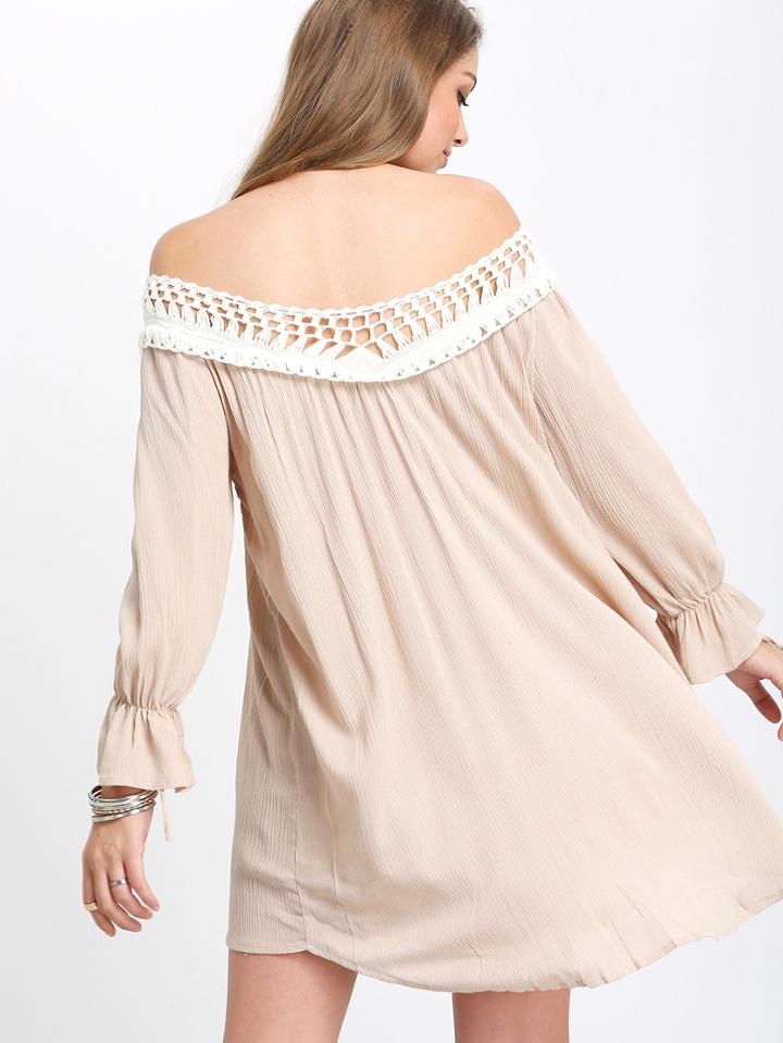 Romwe Apricot Contrast Crochet Ruffle Cuff Shift Dress