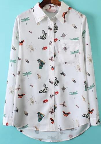 Romwe White Long Sleeve Insect Print Pocket Blouse
