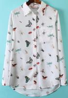 Romwe White Long Sleeve Insect Print Pocket Blouse