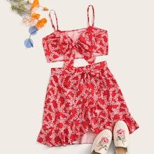 Romwe Ditsy Floral Print Tie Front Cami Top With Skirt