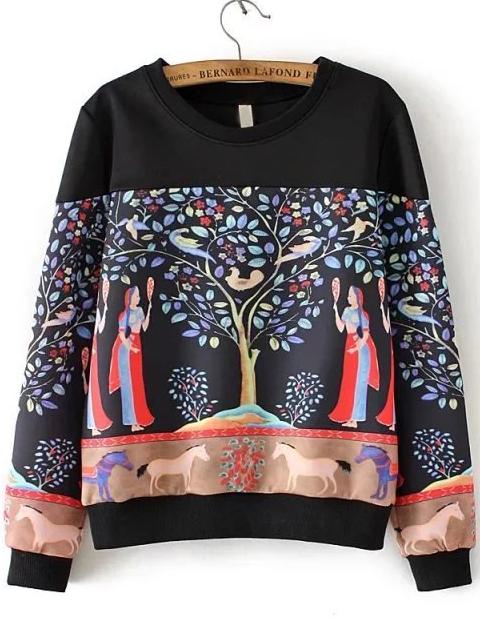 Romwe Black Tree Painting Print Drop Shoulder Sweatshirt