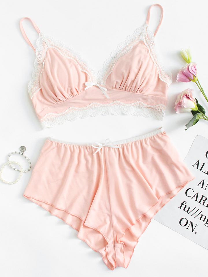Romwe Lace Trim Bralette And Frill Trim Shorts Pj Set