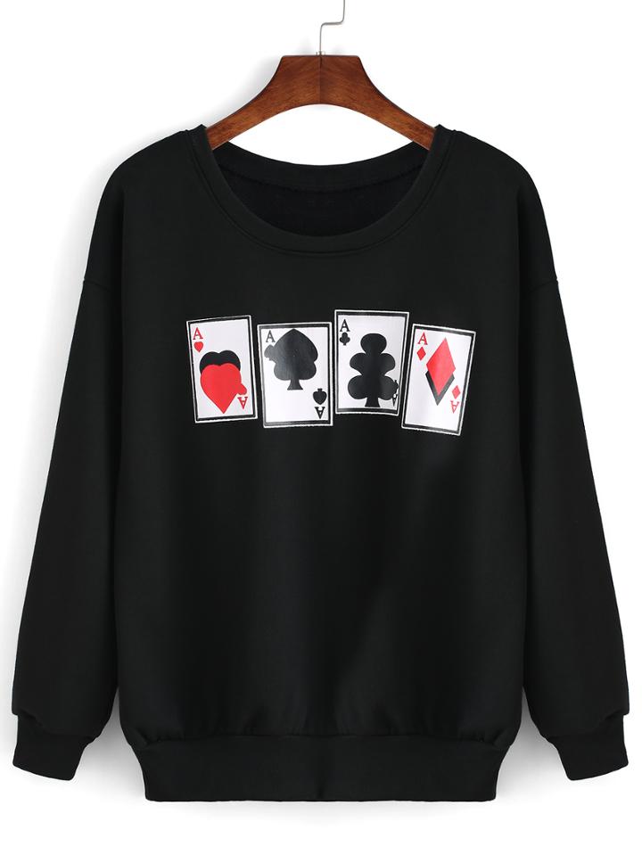 Romwe Round Neck Poker Print Sweatshirt