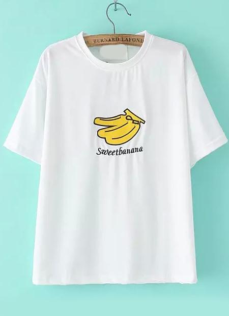 Romwe Banana Letter Embroidered White T-shirt