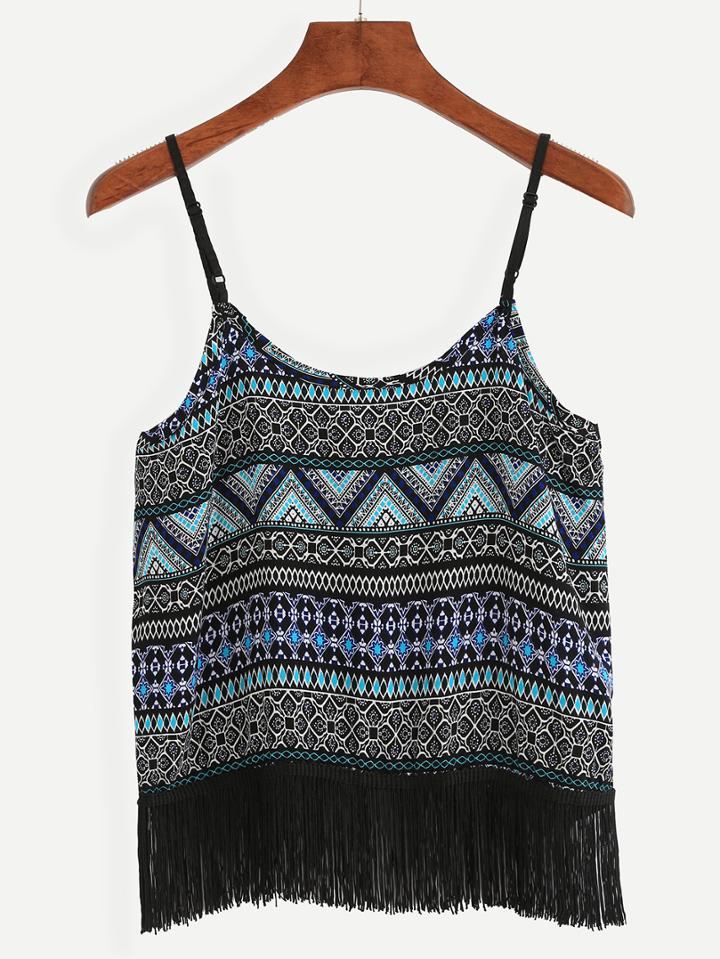 Romwe Multicolor Geometric Print Fringe Trim Cami Top