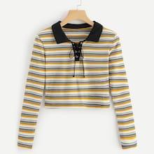 Romwe Striped Lace-up Neck Tee
