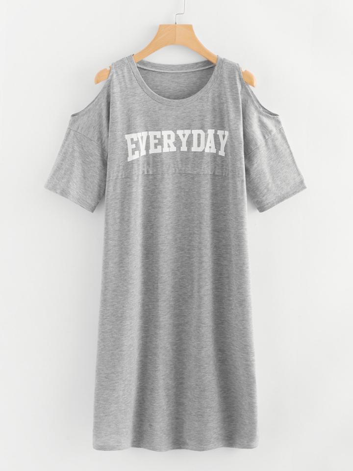 Romwe Open Shoulder Letter Print Tee Dress
