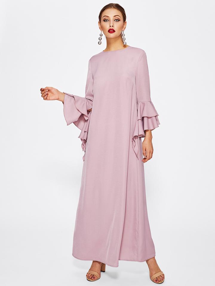 Romwe Bell Sleeve Tiered Hem Keyhole Back Dress