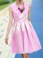 Romwe Pink Round Neck Sleeveless Embroidered Flare Dress