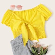 Romwe Tie Front Shirred Off Shoulder Blouse