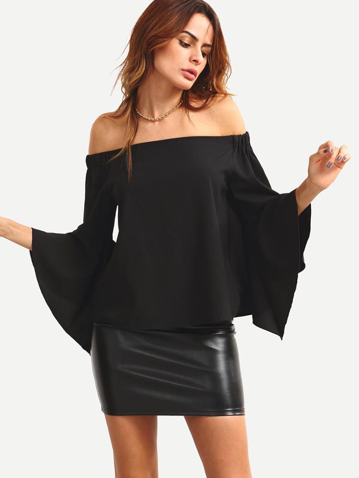 Romwe Off-the-shoulder Bell Sleeve Top - Black