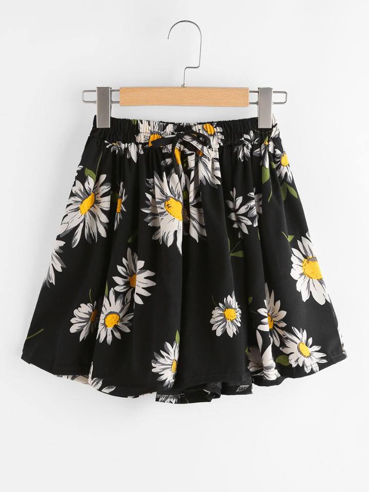 Romwe Daisy Print Drawstring Shorts