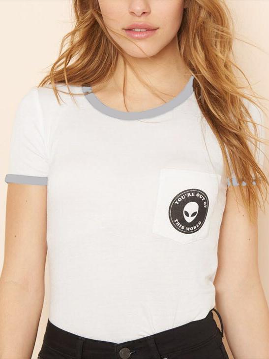 Romwe Contrast Trim Alien Print Pocket T-shirt