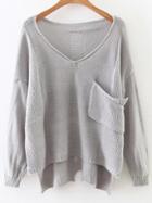 Romwe Grey V Neck Ripped High Low Knitwear With Pocket