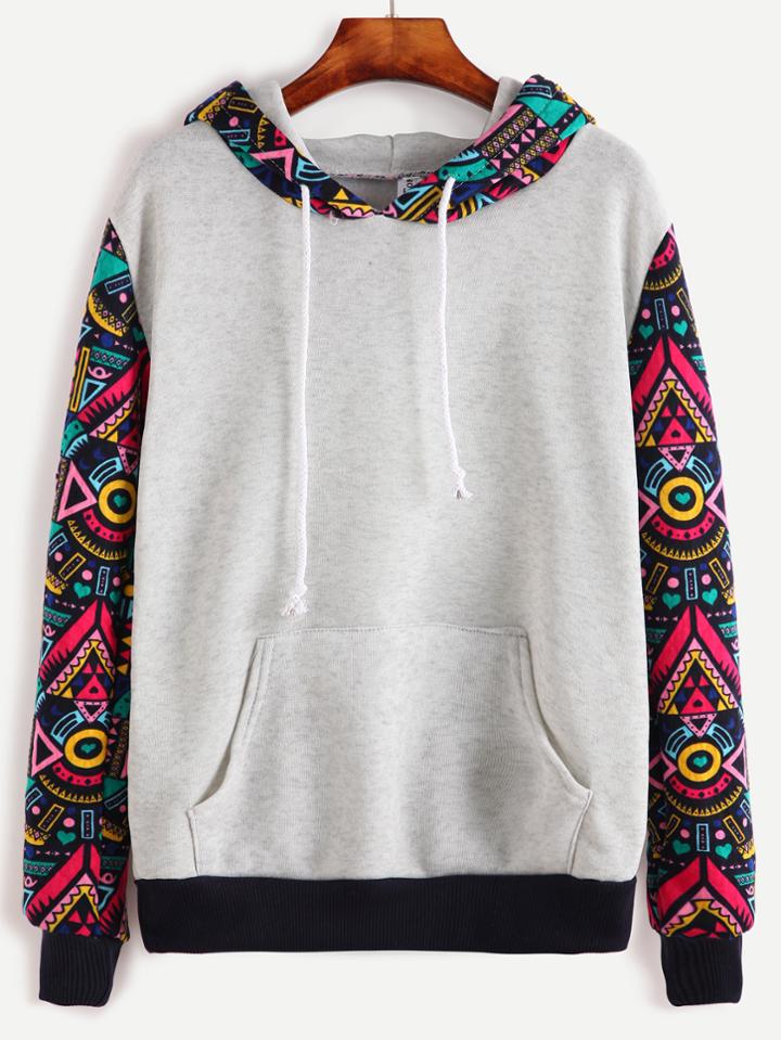 Romwe Grey Contrast Sleeve Hooded Sweatshirt