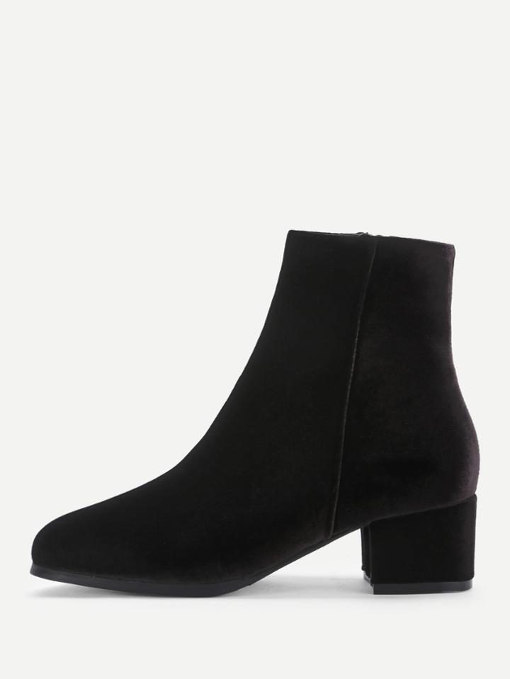 Romwe Side Zipper Velvet Block Heeled Ankle Boots