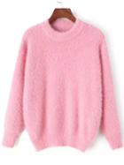Romwe Crew Neck Fuzzy Pink Sweater