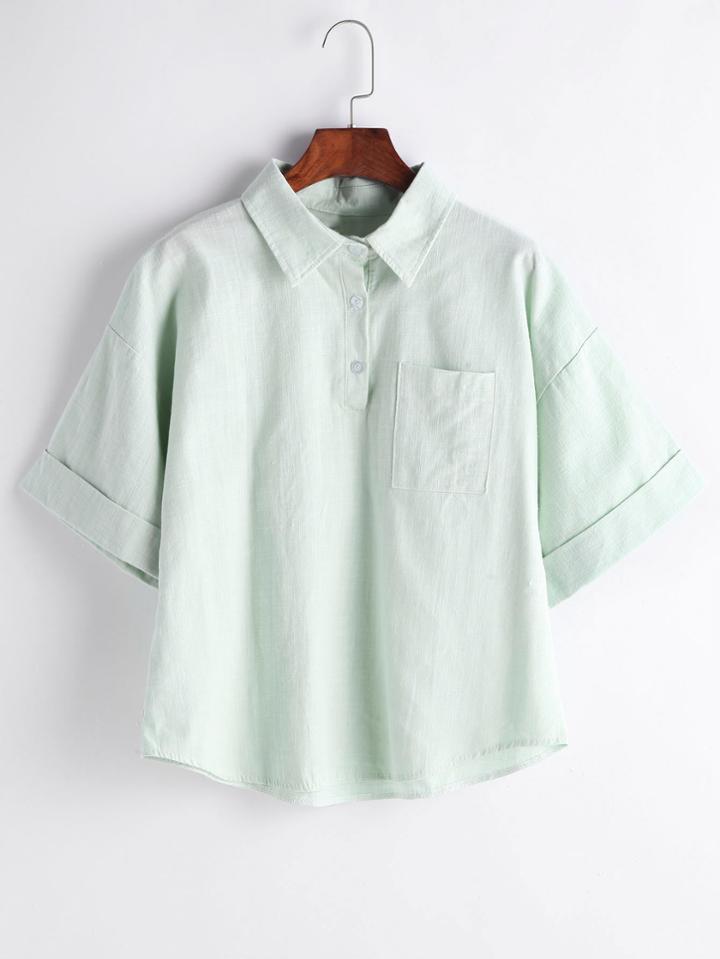 Romwe Pale Green Drop Shoulder Cuffed Blouse