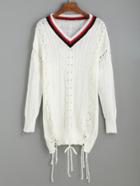 Romwe White Striped V Neck Lace Up Textured Sweater
