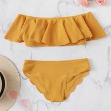 Romwe Flounce Bardot Top With Scalloped Trim Bikini Set