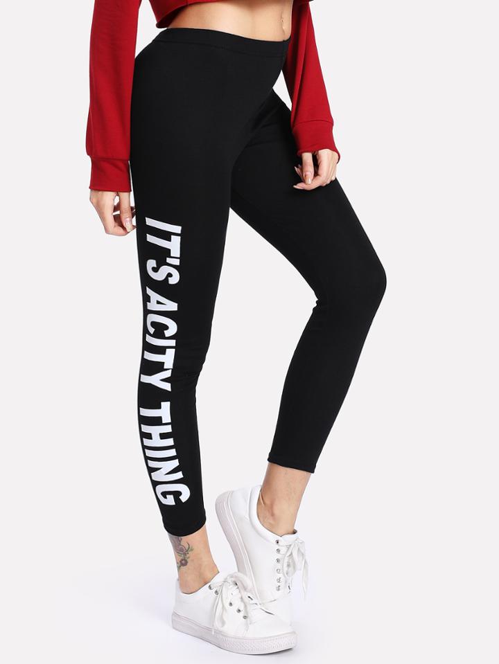 Romwe Slogan Print Side Skinny Leggings