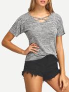 Romwe Crisscross Front Neck Grey T-shirt