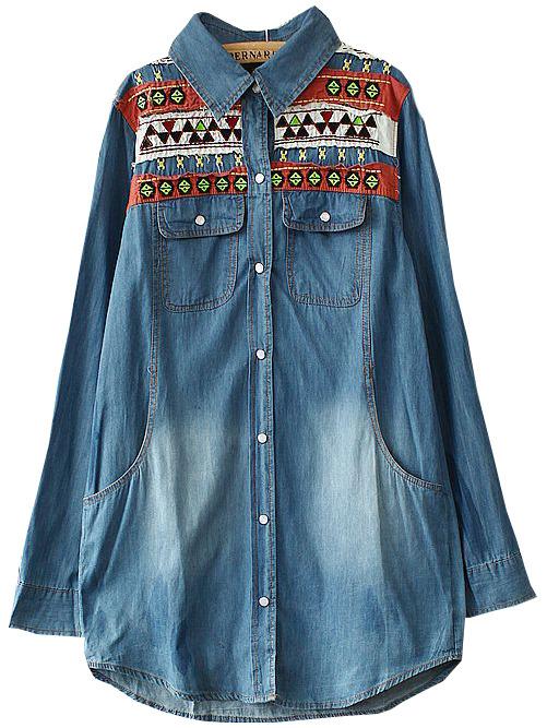 Romwe Women Blue Aztec Embroidered Shirt