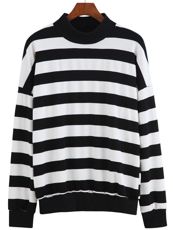 Romwe Stand Collar Striped Sweatshirt