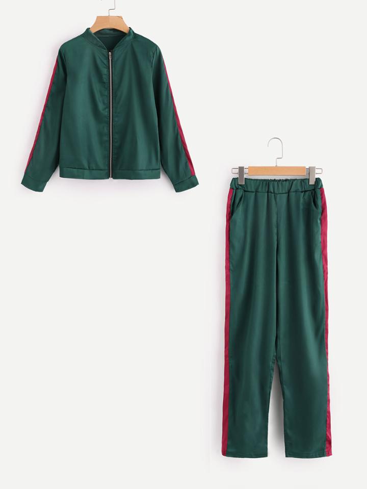 Romwe Side Panel Bomber Jacket With Elastic Waist Pants
