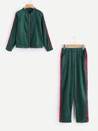 Romwe Side Panel Bomber Jacket With Elastic Waist Pants