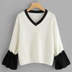 Romwe Drawstring Flounce Sleeve Colorblock Sweater