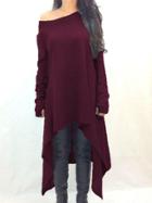 Romwe Burgundy Asymmetrical Neck And Hem Jersey Dress