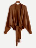 Romwe Khaki Batwing Sleeve Fringe Trim Sweater Coat