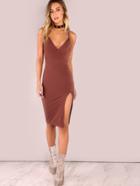 Romwe V Neck Bodycon Slit Dress Dark Red Brown