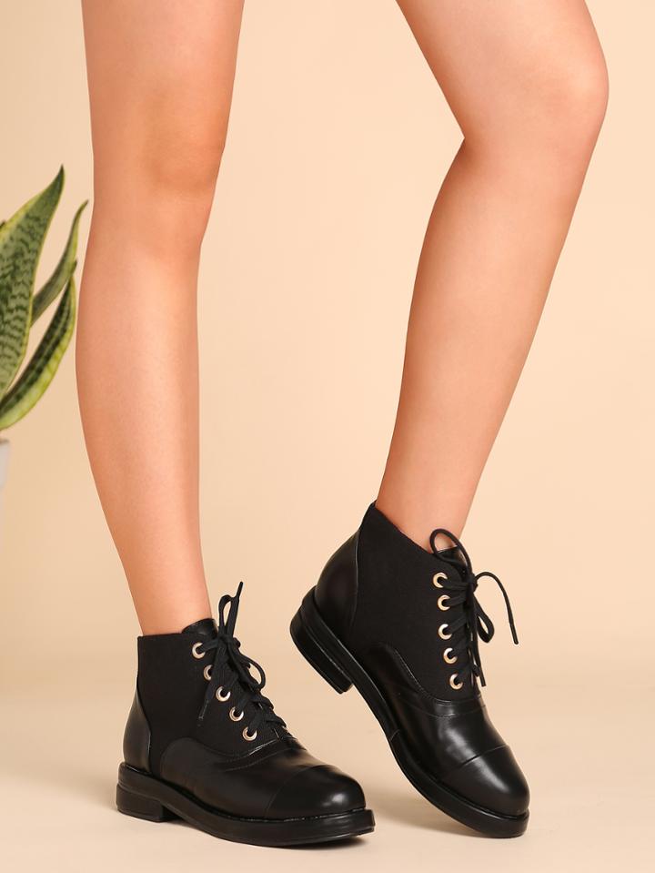 Romwe Black Faux Leather Cap Toe Lace Up Boots