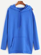 Romwe Blue Open One Shoulder  Pocket Front Hooded Sweatshirt