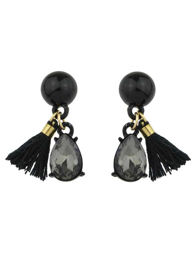 Romwe Black Color Rhinestone Thread Tassel Drop Earrings