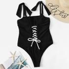 Romwe Lace-up Tie Shoulder One Piece Swim