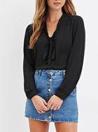 Romwe Black Tie-neck Long Sleeve Chiffon Blouse