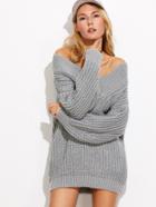 Romwe Grey V Neck Drop Shoulder Chunky Knit Sweater