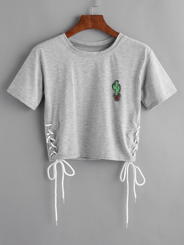 Romwe Lace Up Sides Cactus Patch Tee