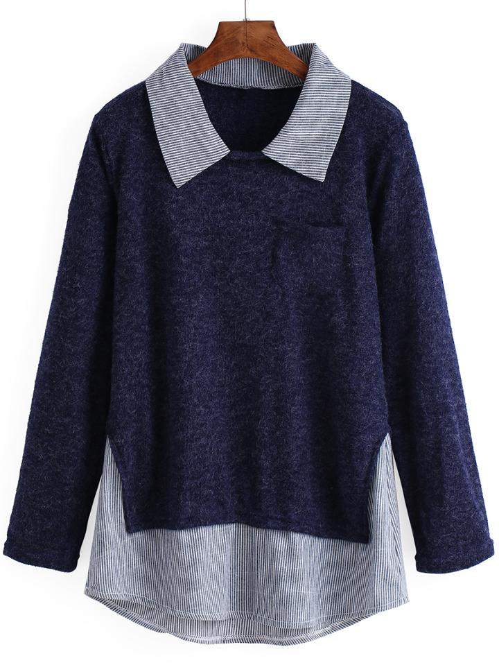 Romwe Blue Lapel Pocket Striped Splicing Sweater