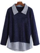 Romwe Blue Lapel Pocket Striped Splicing Sweater